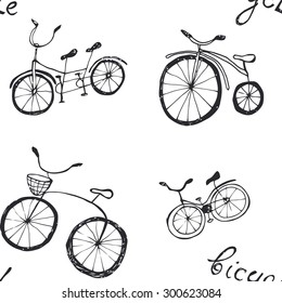 Bicycle sketch, seamless pattern for your design. Doodle black and white