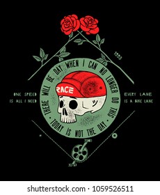 bicycle skull in cap, dead cyclist head and two roses - today is not the day