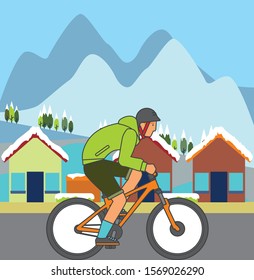 bicycle in snow mountain flat illustration