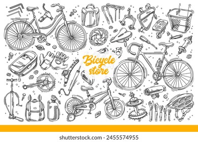 Bicycle spare parts and equipment for cycling in park, for advertising store for cyclists. Background with ready bikes or tools for repairing and restoring broken bike. Hand drawn doodle