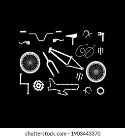 Bicycle spare parts icons signs white outline silhouette vector drawing pattern illustration isolated on black background.Print for t shirt.Vinyl wall sticker decal.Design for sports competitions .