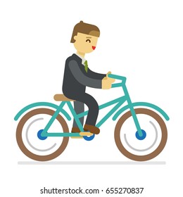 bicycle sport business man going to work by bicycle vector flat illustration riding home by bicycle designer freelancer wheel transport small enterprise happiness fun