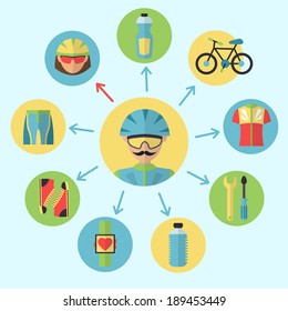 Bicycle sport fitness flat icons set with bicyclist isolated vector illustration