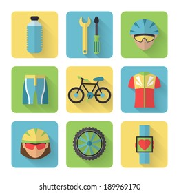 Bicycle sport fitness flat icons set with bicyclist water bottle clothes isolated vector illustration