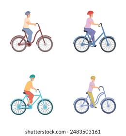 Bicycle sport icons set cartoon vector. People taking bicycle ride. Hobby, active lifestyle