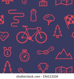 Bicycle sport seamless pattern with sport road racing bike, finish flag, track, golden cup and medal