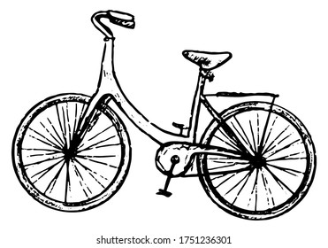 Bicycle, sport, summer leisure and movement. Hand drawn vector illustration. Graphic doodle, sketching. Black contour drawing isolated on white. Realistic style, single picture for design, print, card