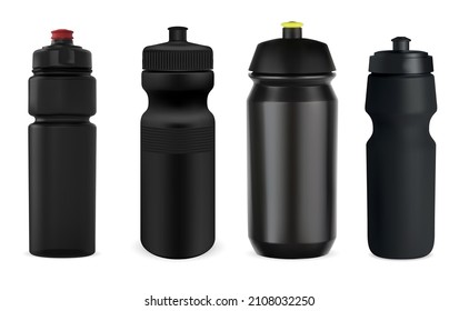 Botella de agua para deportes de bicicleta, mofa vectorial de plástico negro. Plantilla en blanco para equipos de ciclismo. Plástico reutilizable realista para el ciclismo, entrenamiento de entrenamiento. Matraz de acampada de aventura