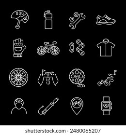 Bicycle sport, white line icons. Cycling and bike racing symbols. sports and outdoor activity themes. Symbols on black background. Editable stroke.