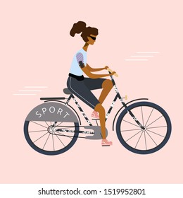 Bicycle Sport woman or girl is riding. Flat stylish bike concept. Eco transport. Vector  illustration for banner, web, mobile app, flyer, poster, print, t-shirt