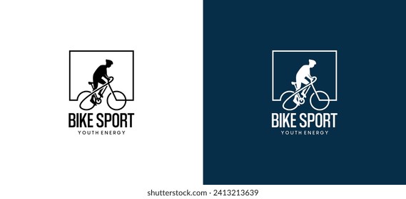 Bicycle sports logo design, silhouette of a person riding a bicycle with the concept of one line in a box