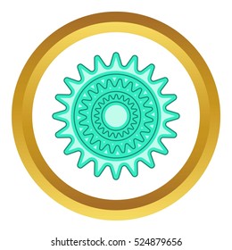 Bicycle sprocket vector icon in golden circle, cartoon style isolated on white background