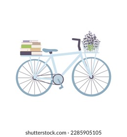 Bicicleta, pila de libros y cesta de lavanda. Ilustración vectorial. Sencillo estilo plano.