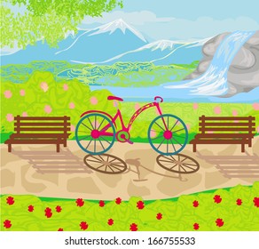 bicycle stands in the park between the benches