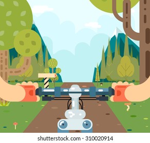 Bicycle Steering Wheel Riding Forest Tourism and Journey Symbol Travel Concept on Stylish Mountain Road Sky Background Flat Design Vector Illustration