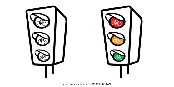 Bicycle stoplight. Cartoon, comic street bike traffic light. Drawing bicycle traffic lights signal icon or sign. Red, yellow and green. Road cyclist symbol. Signals for navigation. Stop, wait or go.