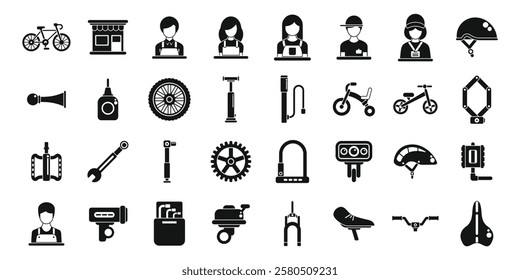  Bicycle store icons set. Bike shop icons depict mechanics repairing bicycles, selling parts, and offering services for cyclists