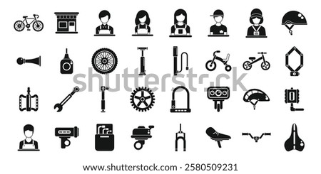  Bicycle store icons set. Bike shop icons depict mechanics repairing bicycles, selling parts, and offering services for cyclists