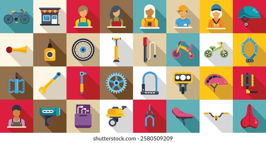  Bicycle store icons set. Colorful icons representing various aspects of bicycle shops, repairs, mechanics, parts, accessories, and cycling activities