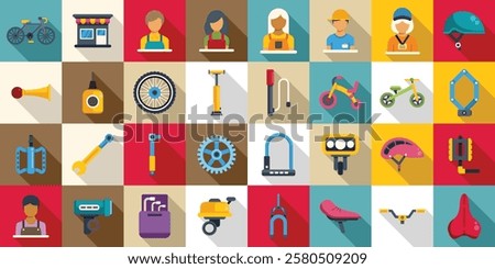  Bicycle store icons set. Colorful icons representing various aspects of bicycle shops, repairs, mechanics, parts, accessories, and cycling activities