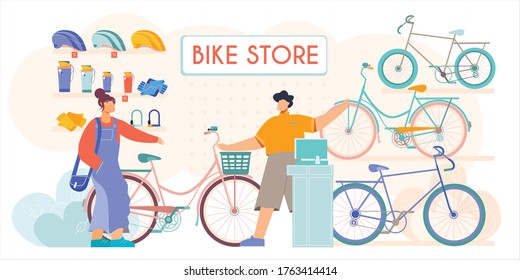 Bicycle store new second hands bikes accessories helmets sale flat composition with salesman assisting customer vector illustration