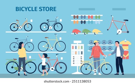 Tienda de bicicletas. Personas comprando bicicleta en la tienda de accesorios deportivos. Cascos de seguridad mitones para montar en bicicleta, venta al por menor para ciclistas, escena reciente del Vector