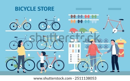 Bicycle store. People buying bike in sport accessories shop. Safety helmets mittens for bikes riding, retail for cyclists, recent vector scene