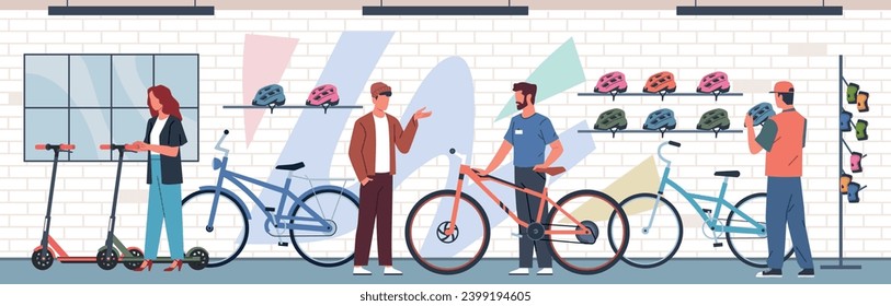 Bicycle store. People choose bicycles, scooters in bike center, happy buyers consult with seller, helmets on shelves, man and woman customers cartoon flat isolated nowaday vector concept