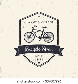 Bicycle store, shop, vintage grunge design on shield, vector illustration