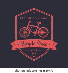 Bicycle store, vintage emblem, badge design with retro bike, red on dark