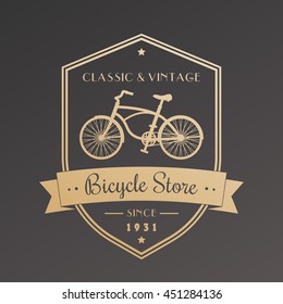 Bicycle store, vintage emblem with retro bike, gold on dark
