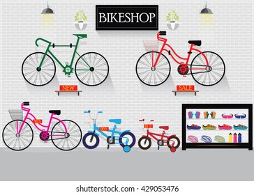 Bicycle Stores Or Bike Shops With Many Size Bicycle Hanger On Brick Wall Background And Equipment, Interior Shop Vector Illustration.