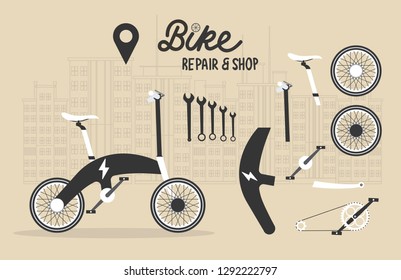 Bicycle stores set or bike shops and repair set with many size bicycle hanger shop vector illustration. Background with big city. Vector illustration.