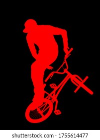 Bicycle stunts vector silhouette isolated on black background.  Freestyle ace ride performed trail bike tricks. Young man doing tricks in the air on a BMX bike. Cyclist acrobat public entertainment.