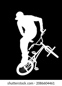 La silueta vectorial de las escenas de bicicleta aislada en el fondo negro. El paseo en moto de chico libre llevó a cabo trucos en bicicleta de senda. Joven haciendo trucos en el aire en una bicicleta BMX. Espectáculo público de acróbata ciclista.