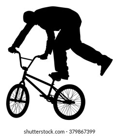 Bicycle stunts vector silhouette isolated on white background. Bike performer. exercising bmx acrobatic figure. Complicate trick, street artist riding bicycle on unusual way. Circus event scene.