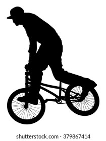 Bicycle stunts vector silhouette isolated on white background. Bike performer. exercising bmx acrobatic figure. Complicate trick, street artist riding bicycle on unusual way. Circus event scene.