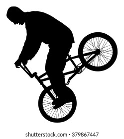 Bicycle stunts vector silhouette isolated on white background. Bike performer. exercising bmx acrobatic figure. Complicate trick, street artist riding bicycle on unusual way. Circus event scene.