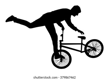 Bicycle stunts vector silhouette isolated on white background. Bike performer. exercising bmx acrobatic figure. Complicate trick, street artist riding bicycle on unusual way. Circus event scene.