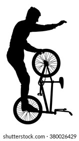 Bicycle stunts vector silhouette isolated on white background. Bike performer. exercising bmx acrobatic figure. Complicate trick, street artist riding bicycle on unusual way. Circus event scene.