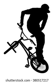 Bicycle stunts vector silhouette isolated on white background. Bike performer. exercising bmx acrobatic figure. Complicate trick, street artist riding bicycle on unusual way. Circus event scene.