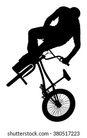 Bicycle stunts vector silhouette isolated on white background. Bike performer. exercising bmx acrobatic figure. Complicate trick, street artist riding bicycle on unusual way. Circus event scene.
