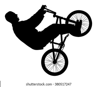 Bicycle stunts vector silhouette isolated on white background. Bike performer. exercising bmx acrobatic figure. Complicate trick, street artist riding bicycle on unusual way. Circus event scene.