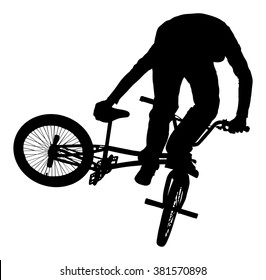 Bicycle stunts vector silhouette isolated on white background. Bike performer. exercising bmx acrobatic figure. Complicate trick, street artist riding bicycle on unusual way. Circus event scene.