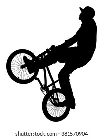 Bicycle stunts vector silhouette isolated on white background. Bike performer. exercising bmx acrobatic figure. Complicate trick, street artist riding bicycle on unusual way. Circus event scene.