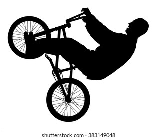 Bicycle stunts vector silhouette isolated on white background. Bike performer. exercising bmx acrobatic figure. Complicate trick, street artist riding bicycle on unusual way. Circus event scene.