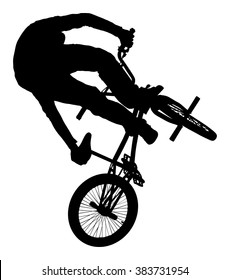 Bicycle stunts vector silhouette isolated on white background. Bike performer. exercising bmx acrobatic figure. Complicate trick, street artist riding bicycle on unusual way. Circus event scene.