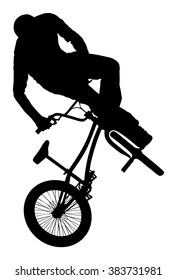 Bicycle stunts vector silhouette isolated on white background. Bike performer. exercising bmx acrobatic figure. Complicate trick, street artist riding bicycle on unusual way. Circus event scene.