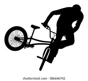 Bicycle stunts vector silhouette isolated on white background. Bike performer. exercising bmx acrobatic figure. Complicate trick, street artist riding bicycle on unusual way. Circus event scene.