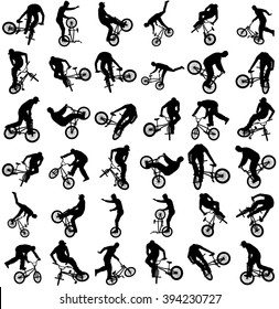 Bicycle stunts vector silhouette isolated on white background.  Freestyle ace ride performed trail bike tricks. Young man doing tricks in the air on a BMX bike. Cyclist acrobat public entertainment.